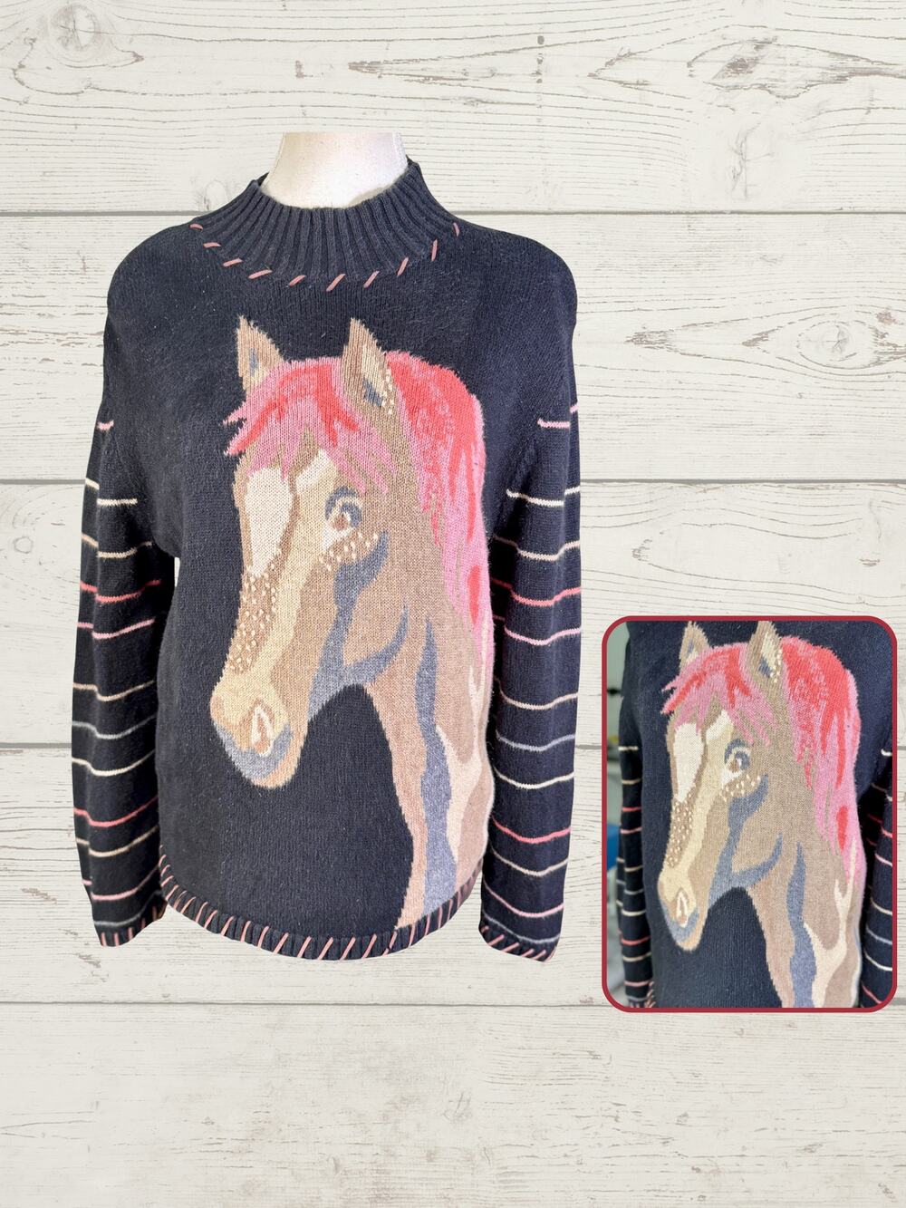 Vintage 90s Christopher & Banks Horse Blanket Stitched Pullover Sweater Size M